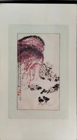 Blossoms, Rock & Birds with Calligraphy