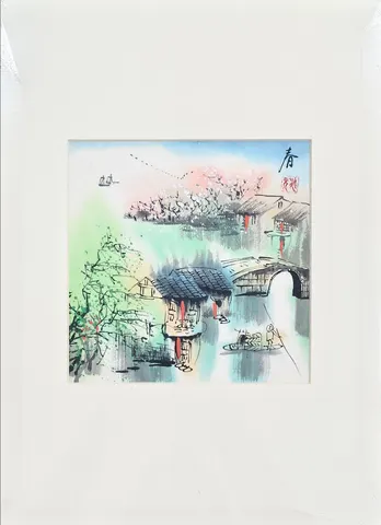 Watercolor Riverside Village Scene