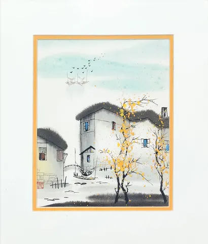 Watercolor Village in Autumn Snow