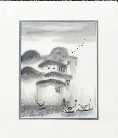 Watercolor Riverside Scene with Boats