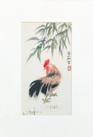 Watercolor Rooster & Bamboo