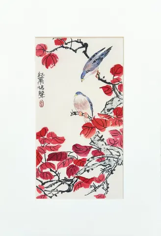 Watercolor Birds & Red Leaves
