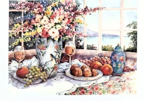 Still Life with Floral Vase and Lake View - Art Print