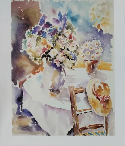 Floral Table Scene with Hat  – Art Print
