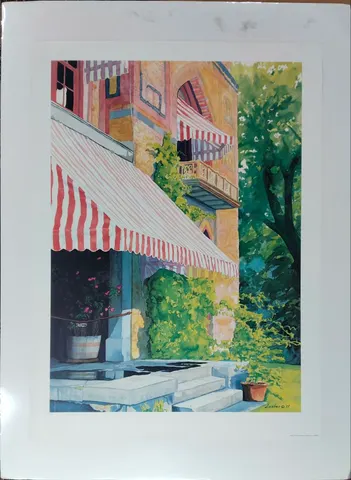 Sunlit Building with Awnings