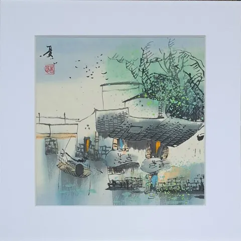 Riverside Canal Scene – Watercolor & Ink Painting