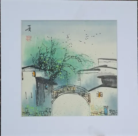 Stone Bridge Riverside Houses I – Watercolor Painting