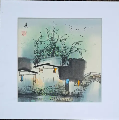 Stone Bridge Riverside Houses II – Watercolor Painting