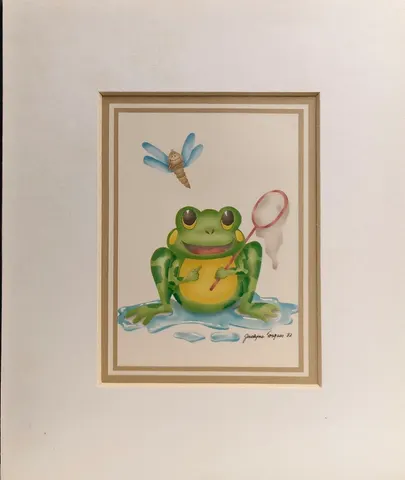 Vintage Frog & Dragonfly I – Jocelyne Forgues (1982)-Lithograph Print