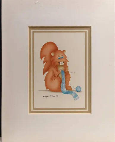 Vintage Squirrel Knitting I – Jocelyne Forgues (1982)-Lithograph Print