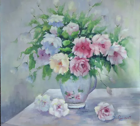 "Vintage Floral Still-Life" – Oil Painting (Signed 2007)