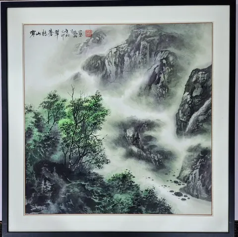 Framed Chinese Ink Painting - Cold mountains turn green (Autumn)