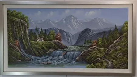 Framed Oil Painting - Mountain View Cabin River Waterfall