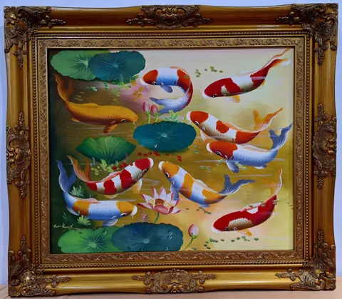 Harmony of Koi & Lotus" – Vintage Oil Painting