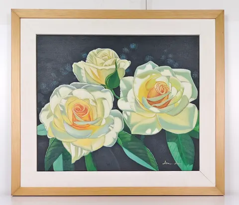 Framed Oil Painting - Yellow Roses in Bloom