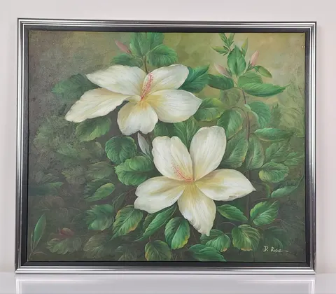 Framed Oil Painting - Graceful Hibiscus in Bloom