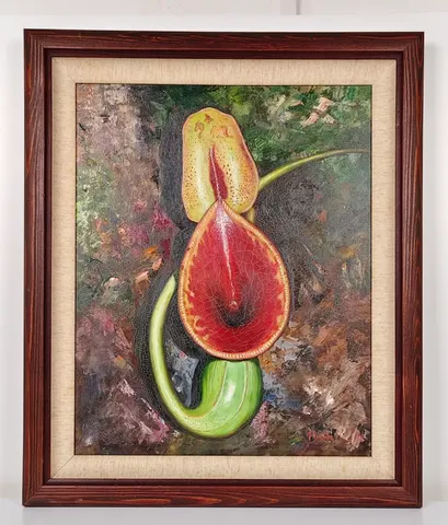 Framed Oil Painting - Exotic Elegance: Nepenthes Pitcher Plant