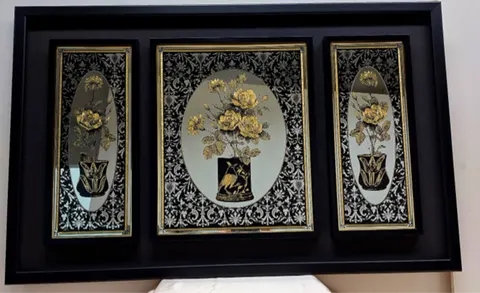 Golden Roses in Black Vases Etched Mirror Trio