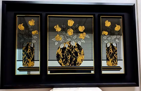 Gold Roses in Black Vases Etched Mirror Trio