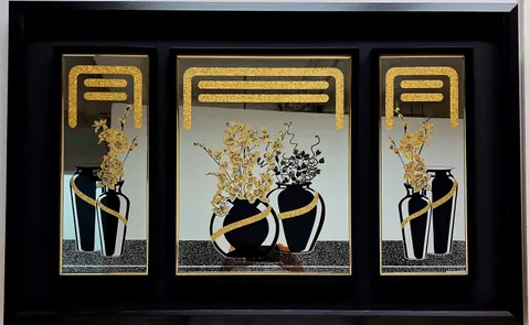 Orchids Black Vase Ensemble Etched Mirror Trio
