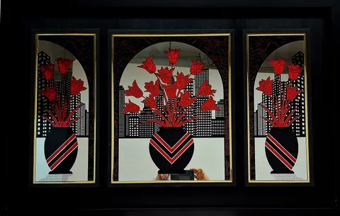 Red Tulips and Cityscape Etched Mirror Trio