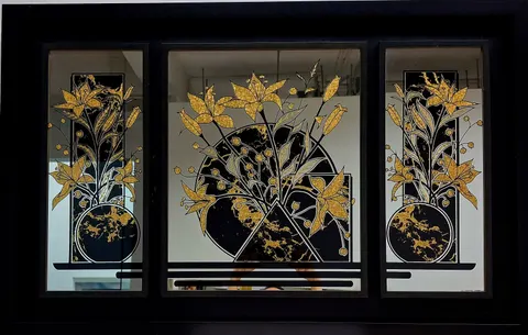 Gold Lily blooms in Black Vases Etched Mirror Trio