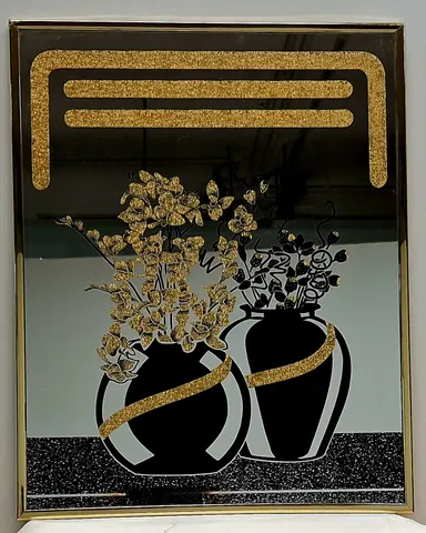 Gold Glitter Floral Twin Vases Etched Mirror