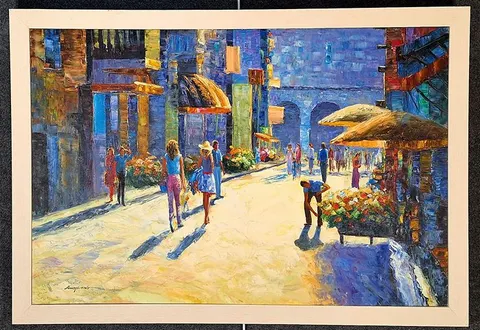 Vibrant Mediterranean Street Scene – Reproduction Oil Painting