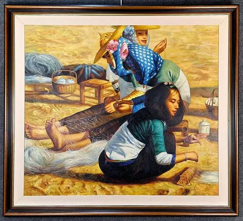 Weaving Nets – Oil Painting by Liu Yun Fei (1995)