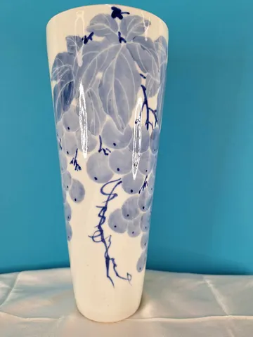 Blue & White Hand-painted Ceramic Vase with Grapevine Motif