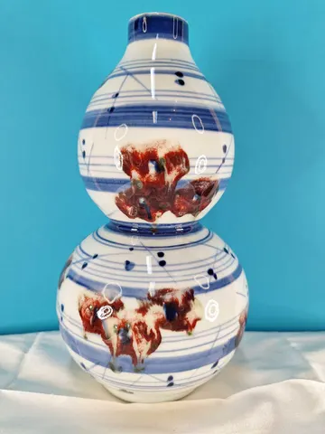 Hand-Painted Ceramic Double-gourd Vase with Abstract Floral Design