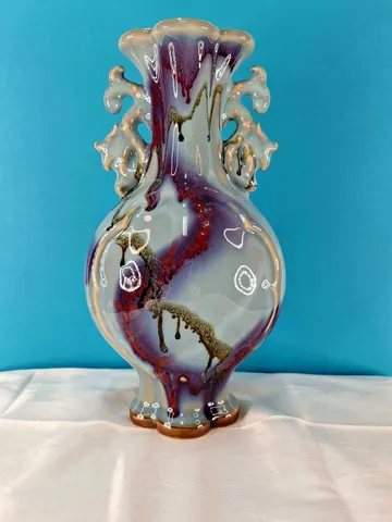 Chinese Flambe Glazed ceramic Vase with decorative Handles