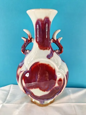 Chinese Flambe Glazed ceramic Vase with decorative double Handles