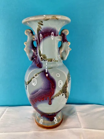 Chinese Flambe Glazed ceramic Vase with decorative double Handles
