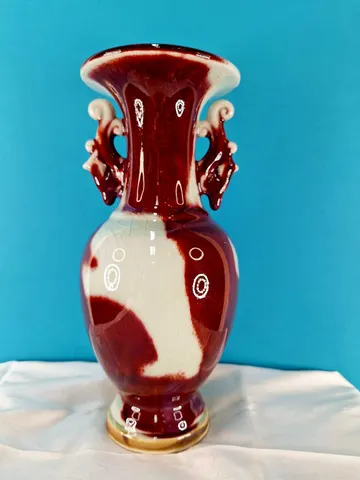 Chinese Flambe Glazed ceramic Vase with decorative double Handles