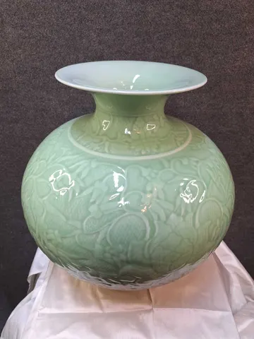 Celadon-Glazed carved flower Vase – Modern Chinese Stoneware