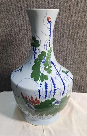 Chinese Ceramic Bottle Vase with Lotus and Pine Design