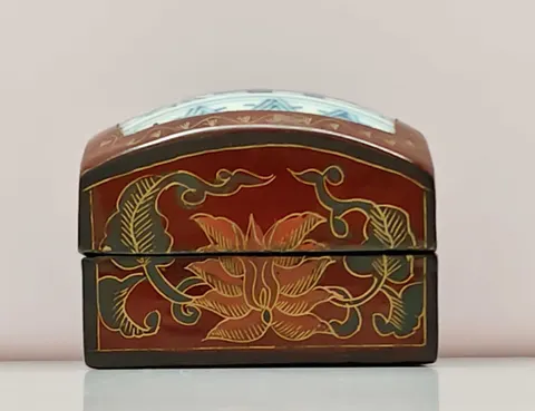 Chinese Old White Base Blue Double Happiness Ceramic Art Lacquer Box