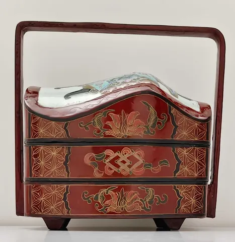 Vintage Chinese Lacquer stacking Box, three tier Storage Box with ceramic shard on top
