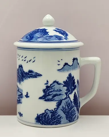 Chinese Vintage 1970s Blue and White Mug with a Lid from Jingdezhen 5" Tall