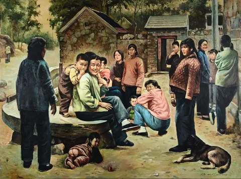 Zhou Kang Oil Painting – “Village Gathering” (Mar 1996)
