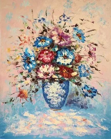 Vibrant Blossoms in Blue Vase - Oil Painting