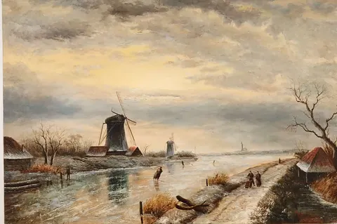 Frozen River Landscape with Windmills