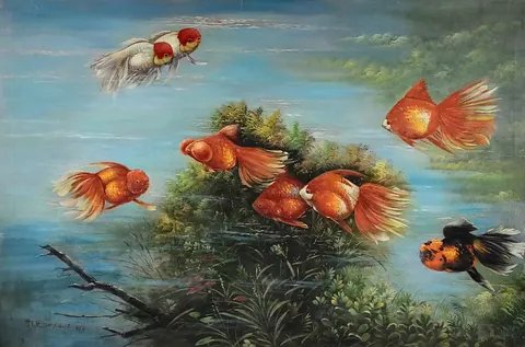 Eight Goldfish in Surreal Landscape