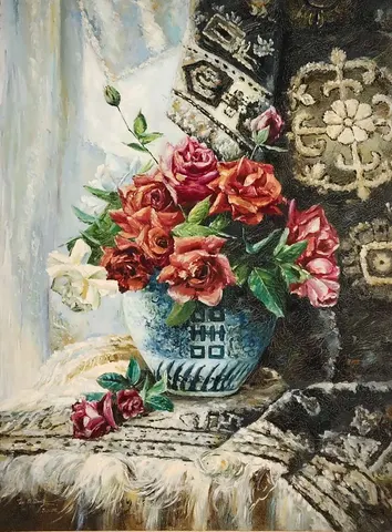 Red Rose in Porcelain Vase
