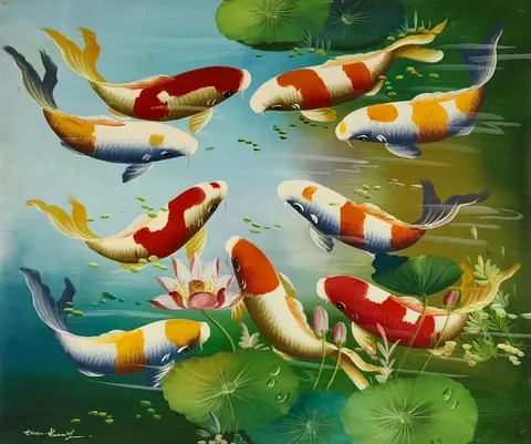 Koi Fish & Lotus Pond I – Oil Painting, Signed “Tom Kenny”