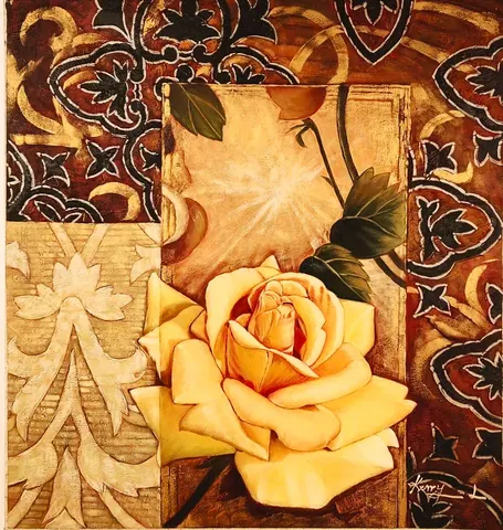 Golden Rose Still Life – Oil Painting, Signed “Kerry L”