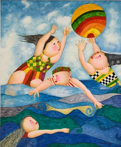 Oil Painting - Children Playing by the Sea by Tan Yi Qiang