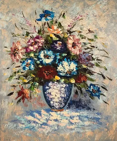 Vintage oil painting - Flowers in a Blue Vase
