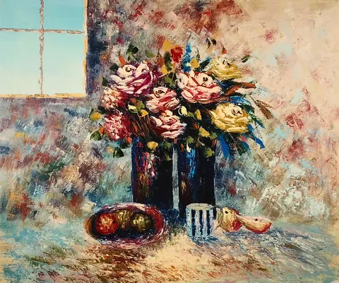 Vintage Oil Painting - Morning Bloom by the Window- Signed by Guez
